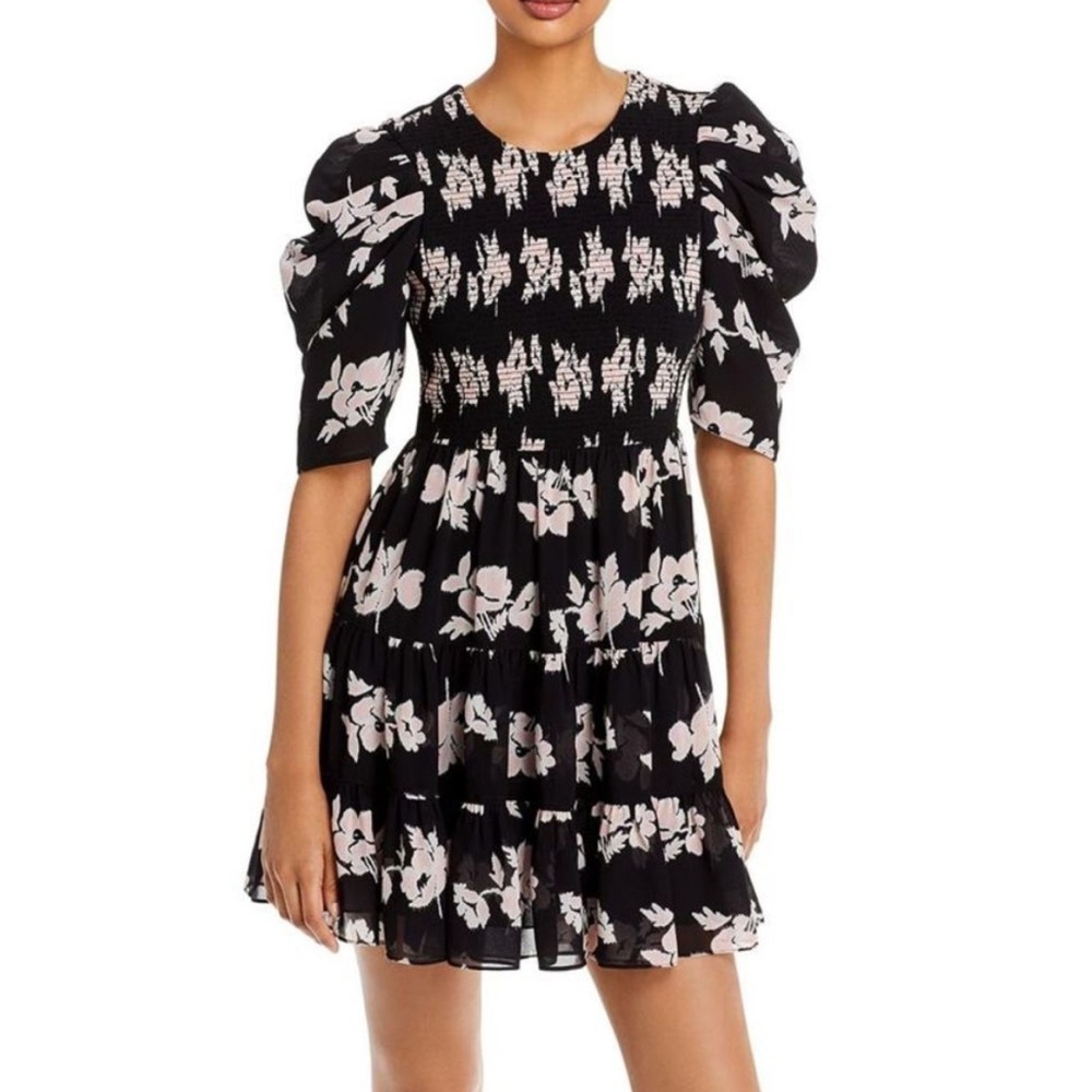 NWT!  Cinq a Sept Hollis Black Smocked Puff Sleeve Mini Dress Size 6 M1